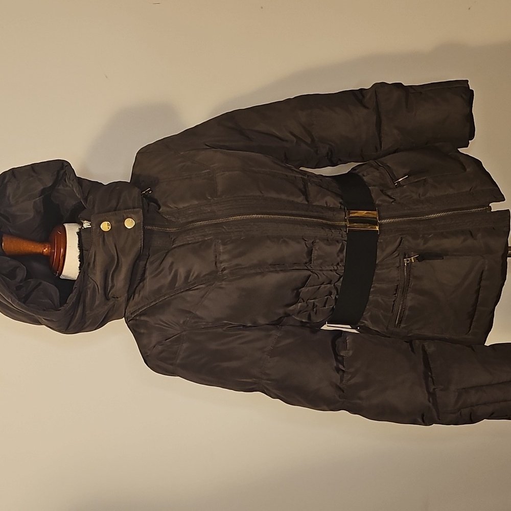 Zara Down Puffer Jacket Faux Fur Collar Belted Brown Size Medium